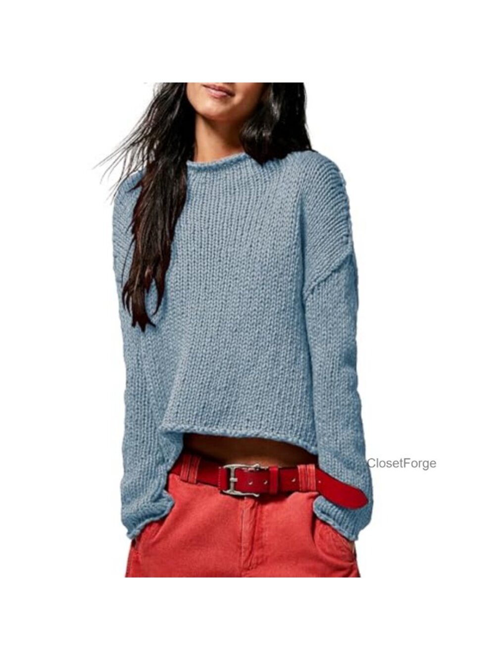 Oversized Rolled Neck Cotton Knit Pullover Sweater Long Sleeve